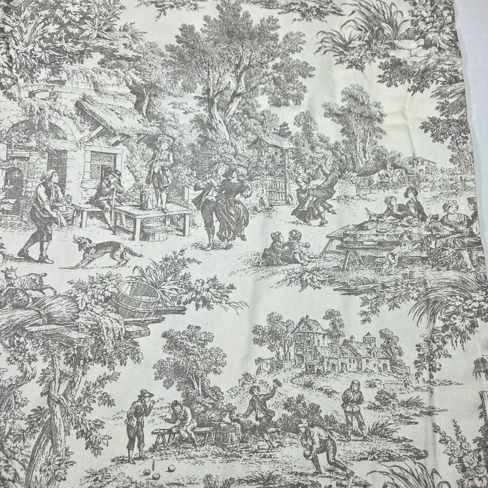 Vintage French Country Toile Curtains Set 2 Cotton Pastoral Scene Cream Grey